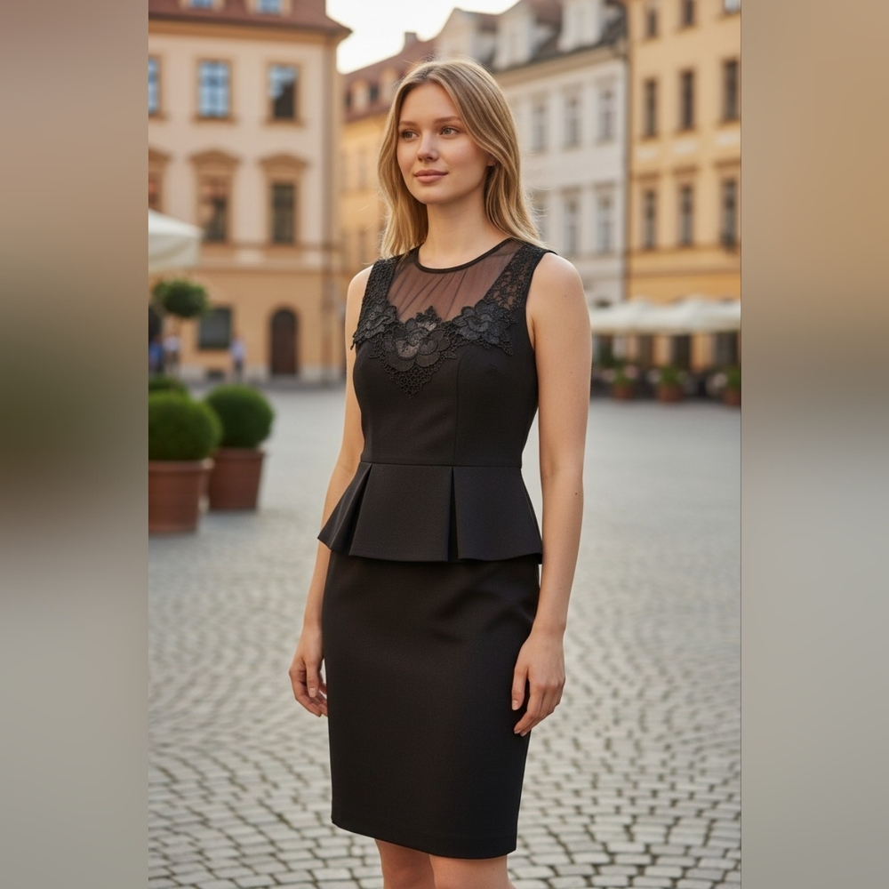 Sz 10 Bisou Bisou Elegant Black Peplum Sheath Dress with Lace Bodice